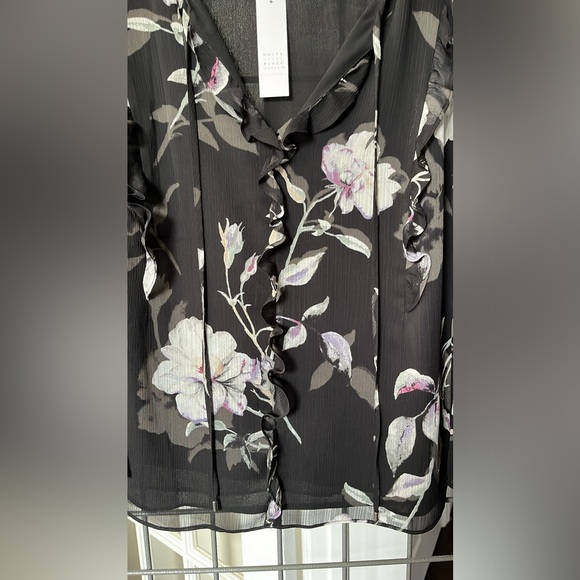 WHBM NWT Blouse Size L long sleeve black floral with tie at the neck. - Picture 8 of 13